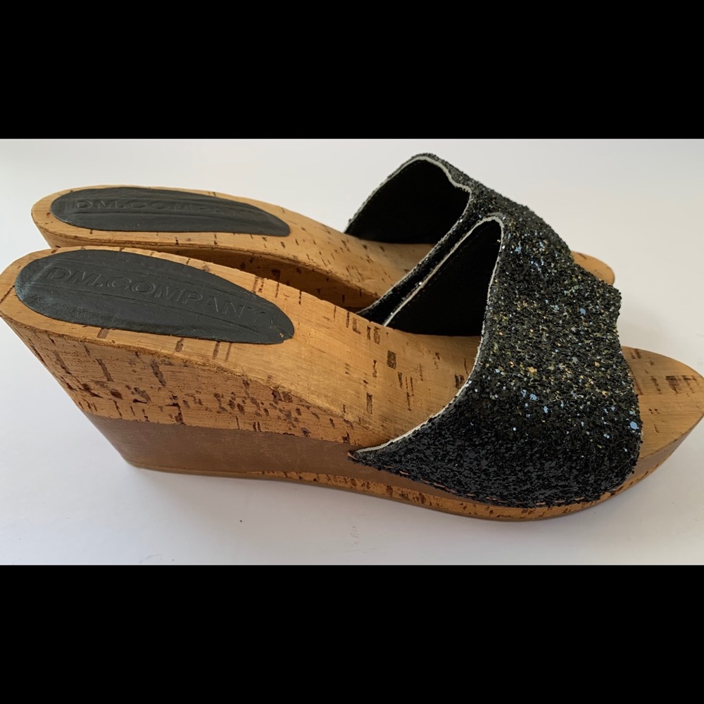 Sparkling black sequined wedges with cork platform summer sandals EUR 39 US 9